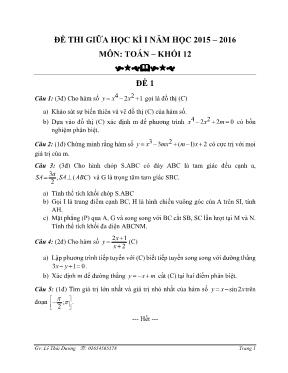 Bộ đề thi giữa học kì I năm học 2015  2016 môn Toán  khối 12